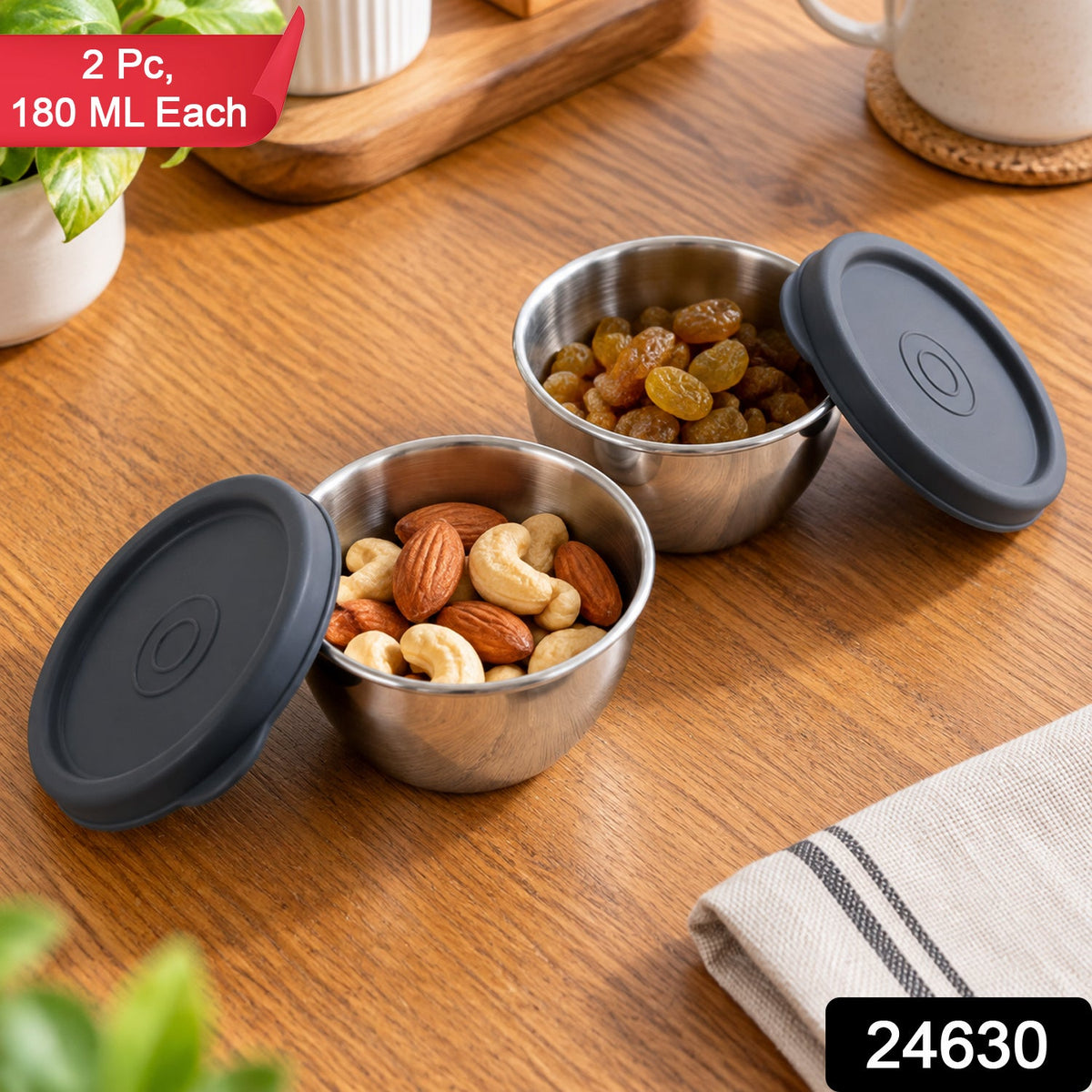 Wukusy Apex stainless steel storage bowls with lids, 180 ml capacity, small size, set of two, ideal for kitchen organization