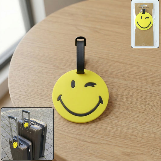 Wukusy cute smiley face round travel luggage bag tag with bright yellow design and clear identification window