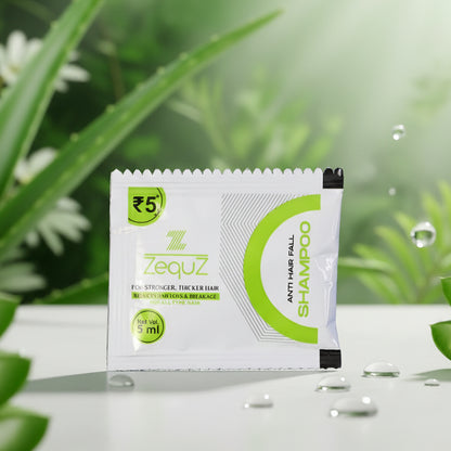 Wukusy Zequz anti-hair fall strengthening shampoo sachet, 5ml single-use packet, with herbal ingredients and nourishing formula.