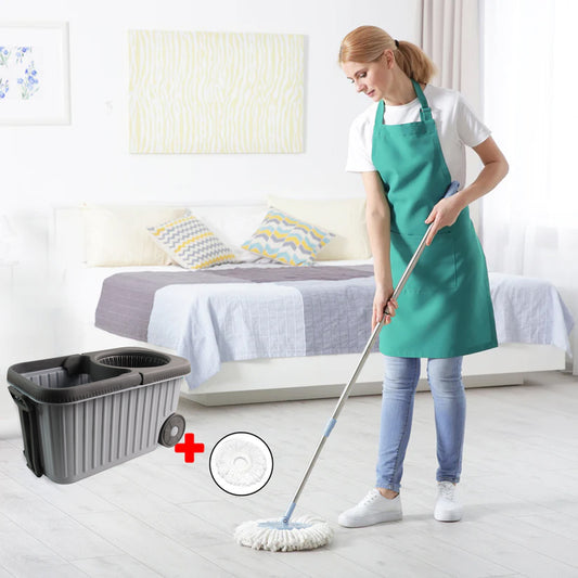Wukusy Apex Magic Spin Mop Cleaning Set with dual chamber bucket and wheels, featuring a microfiber mop head and ergonomic handle.