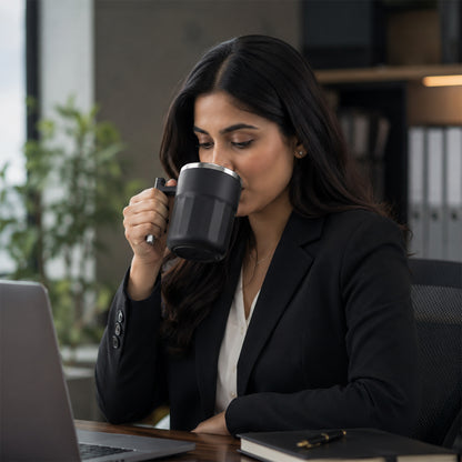 Wukusy Apex Compact Coffee Mug 300ml in matte black with handle and lid, shown with a sleek, modern design.