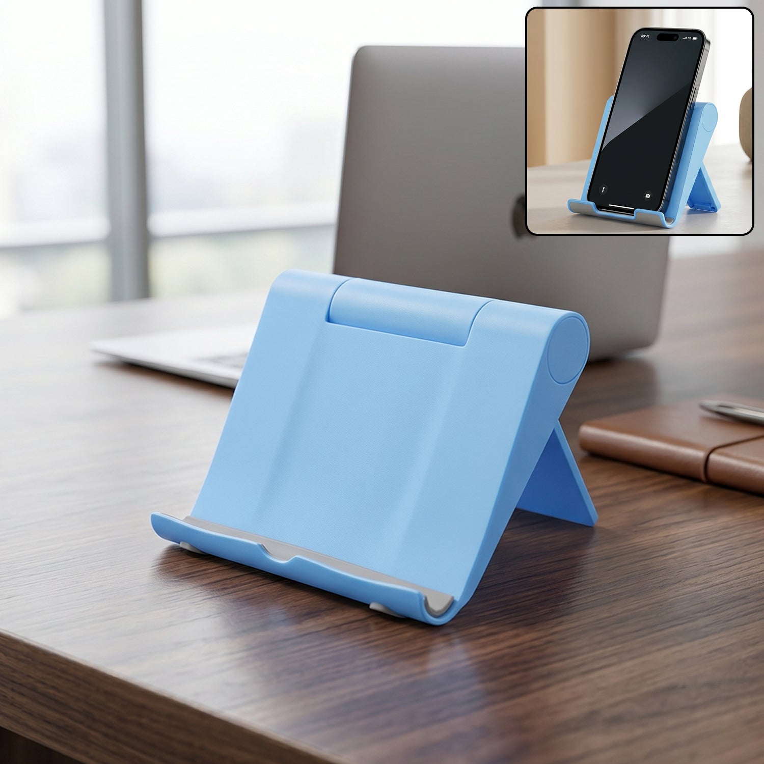 Wukusy plastic foldable mobile phone stand for desk use, holding phone during video calls, with adjustable angles