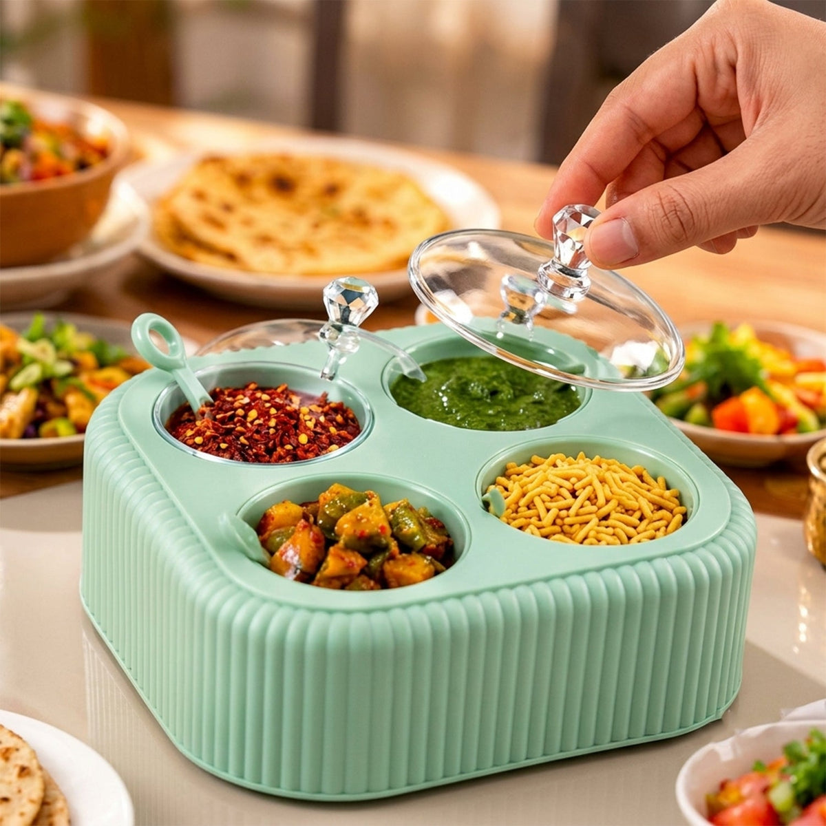Dining Stand Jar Set With Lids And Spoons For Pickles And Snacks (4 Pc)