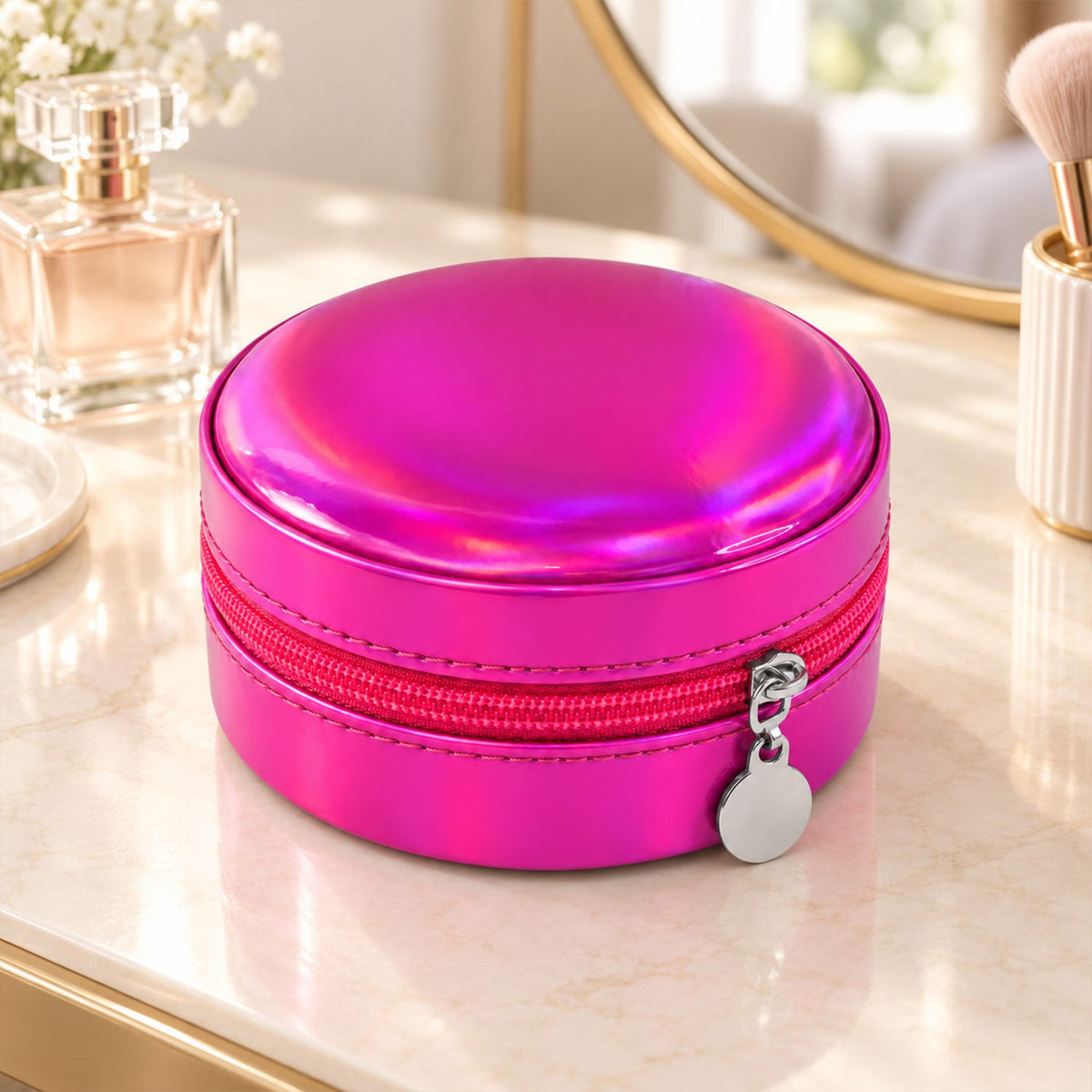 Wukusy round jewelry organizer box with ring rolls and zip closure, ideal for travel storage of rings and small jewelry pieces