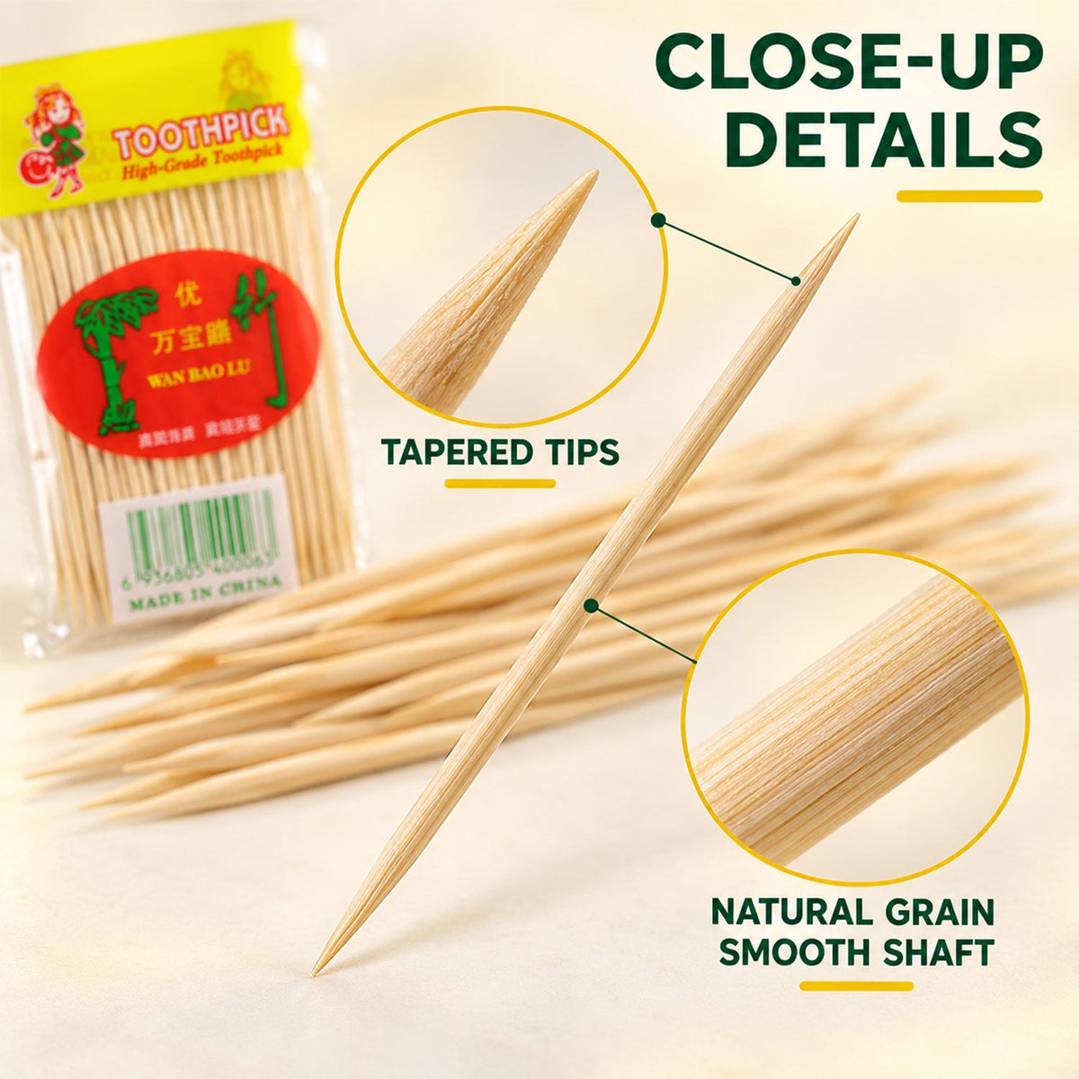 Double-pointed Wooden Toothpicks Set (20 Packets 1000 Pcs 6.5 Cm)