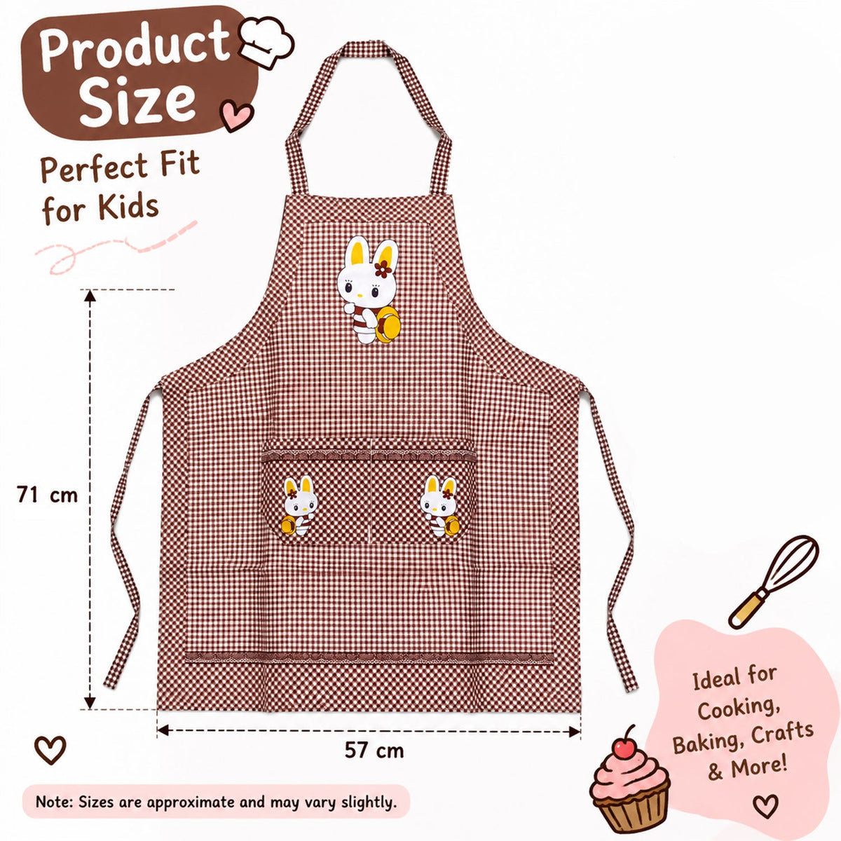 Kids cartoon kitchen cooking apron by Wukusy with front pockets, colorful design, measuring 71x57 cm, ideal for young chefs.