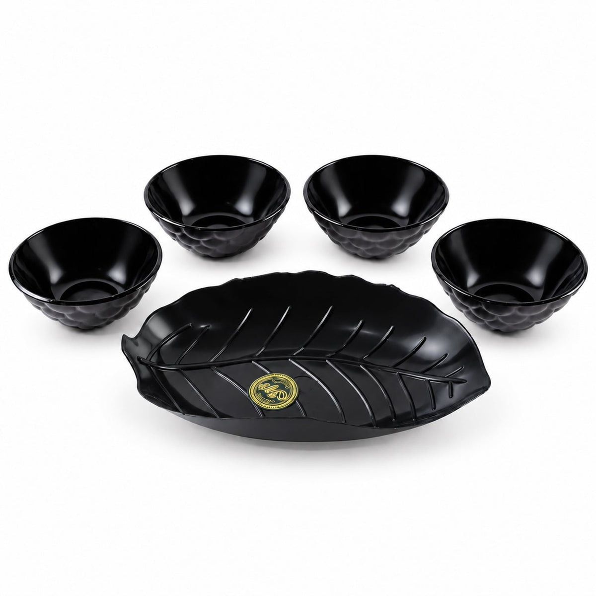 Wukusy 5-piece serving bowl set with leaf-shaped platter for snacks, dry fruits, and appetizers, made of ceramic with green leaf design.
