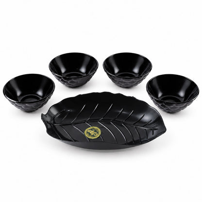 Wukusy 5-piece serving bowl set with leaf-shaped platter for snacks, dry fruits, and appetizers, made of ceramic with green leaf design.