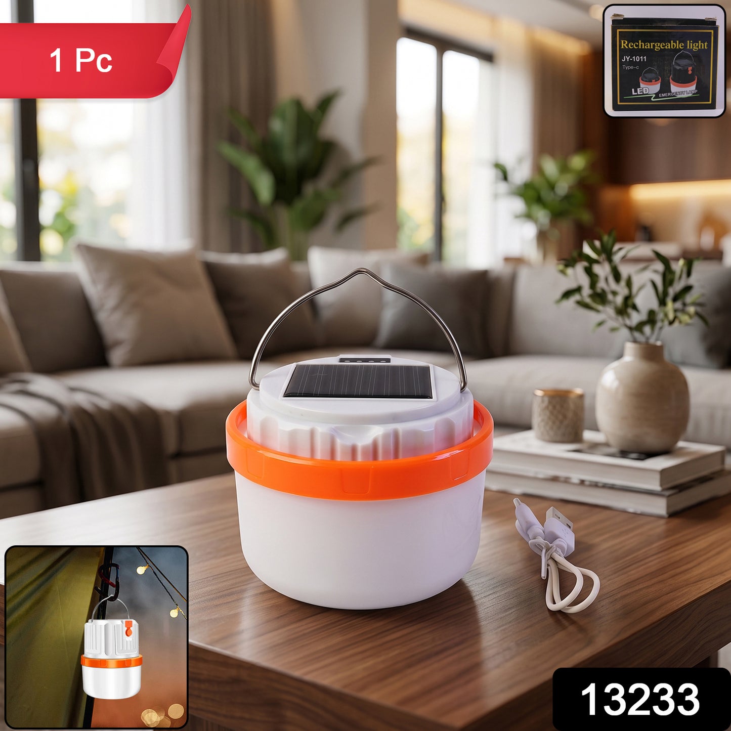 Solar Rechargeable Led Emergency Light Portable Camping Lantern Lamp (1 Pc)