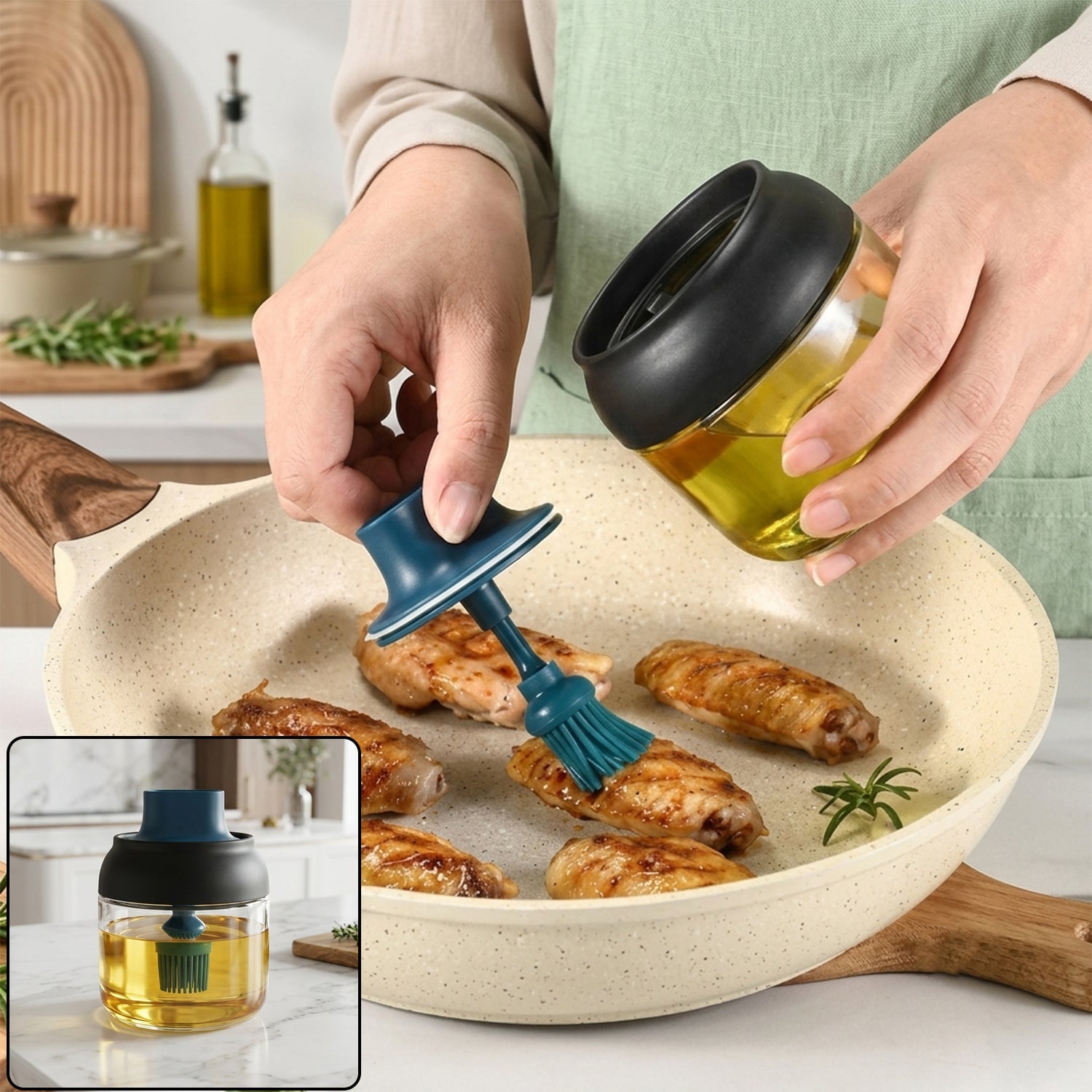 280 Ml Round Glass Oil Dispenser With Silicone Brush For Kitchen Cooking (1 Pc)
