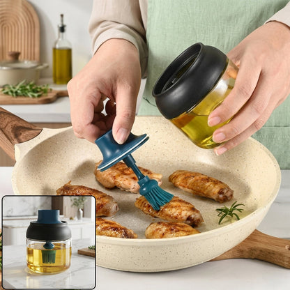 280 Ml Round Glass Oil Dispenser With Silicone Brush For Kitchen Cooking (1 Pc)
