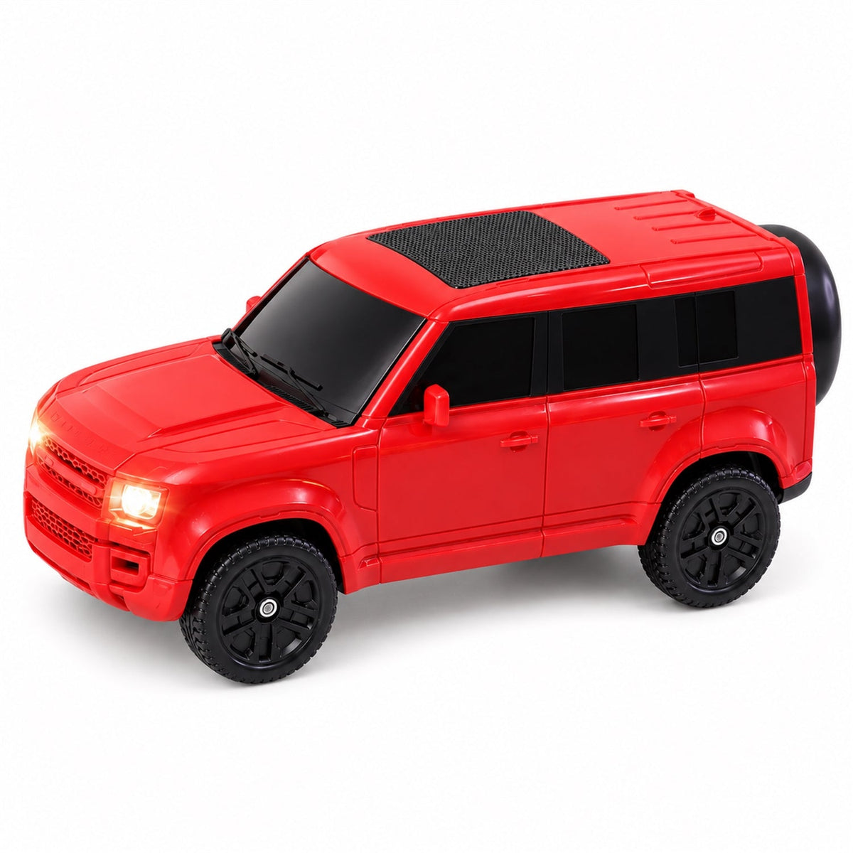 Wukusy car-shaped wireless speaker with light-up headlights and audio controls, featuring a sleek design and Bluetooth connectivity.