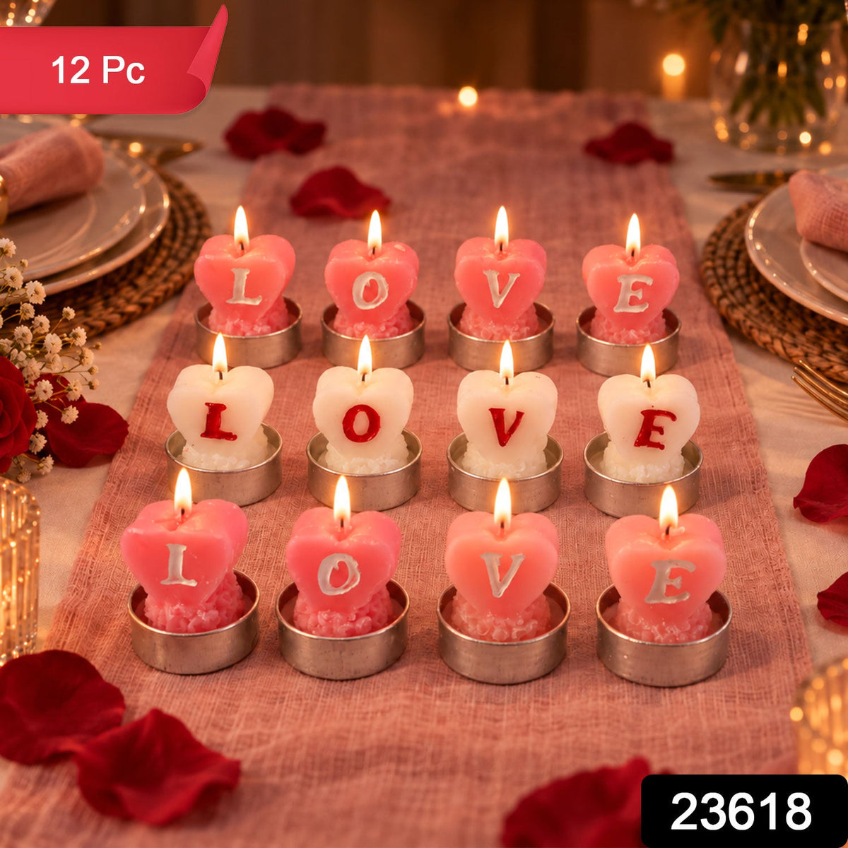 Set of 12 Wukusy heart-shaped love tealight candles for romantic table decoration, featuring romantic heart designs and warm glow.
