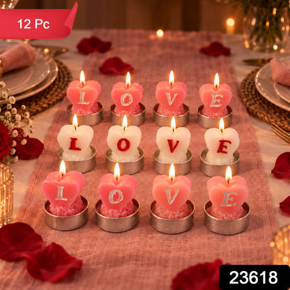 Set of 12 Wukusy heart-shaped love tealight candles for romantic table decoration, featuring romantic heart designs and warm glow.