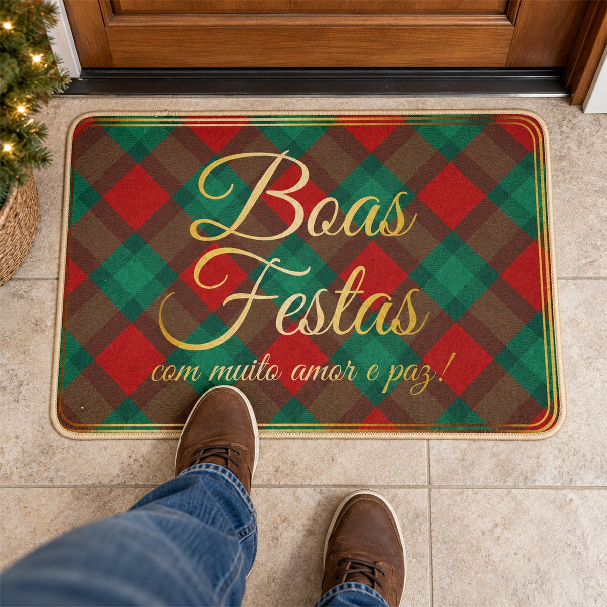 Wukusy decorative check print floor mat with festive design, suitable for indoor doorways, measuring 56.7x38 cm.
