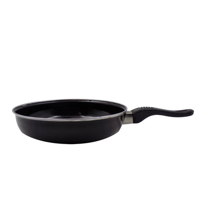 Wukusy 2522 non-stick gas-compatible fry pan without lid, kitchen tool with a black non-stick cooking surface and metal handle.