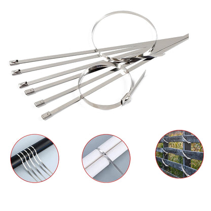 Wukusy stainless steel cable ties, 4.6x200mm, high-strength rustproof zip ties for solar, industrial, and home use, 100-pack set.