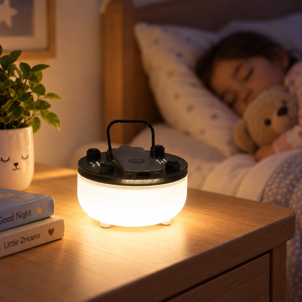 Wukusy portable LED night light with USB charging, hanging handle, and 7 color options, glowing softly in a dark room.
