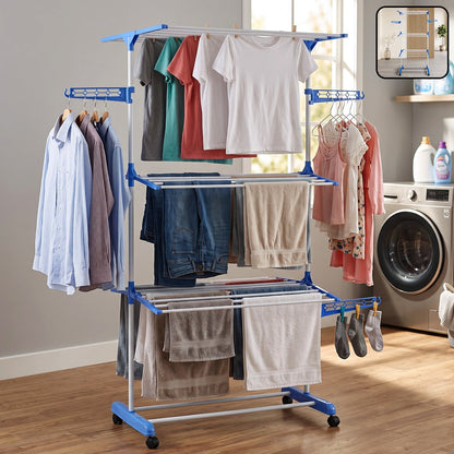 3 Layer Foldable Clothes Drying Stand With Wheels For Home And Balcony Use (1 Pc)