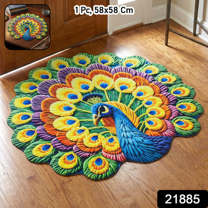 Decorative floor mat with peacock design, Wukusy 58x58 cm, featuring vibrant, intricate peacock patterns on a woven surface.