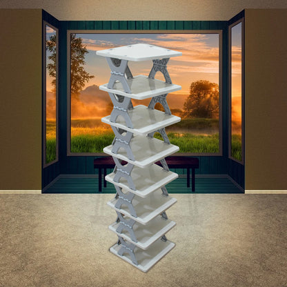 Wukusy foldable plastic shoe rack with 4 to 8 layers, free-standing multi-tier shoe organizer for entryway or home storage.