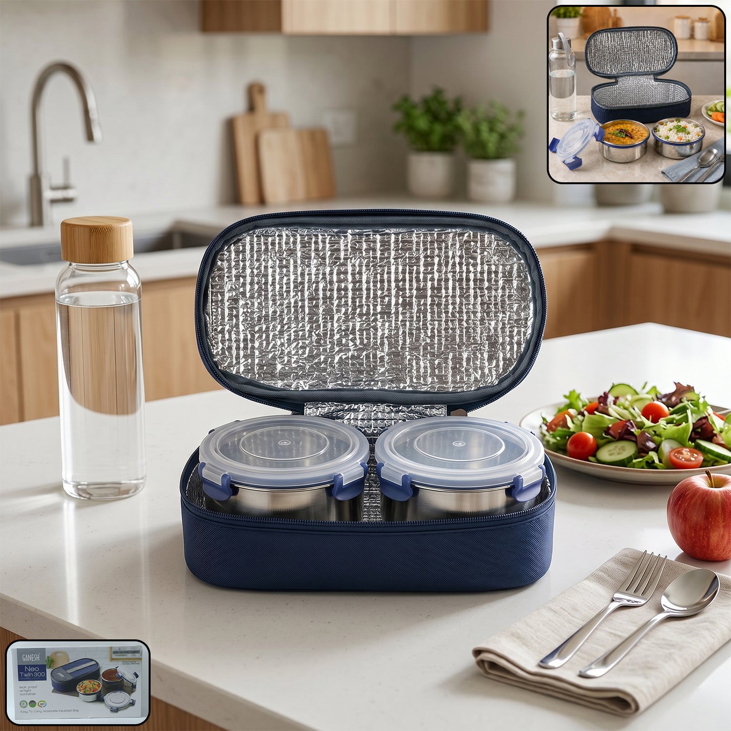 Wukusy Ganesh Neo Twin 300 stainless steel lunch box set with two containers and secure lids, ideal for food storage and transport