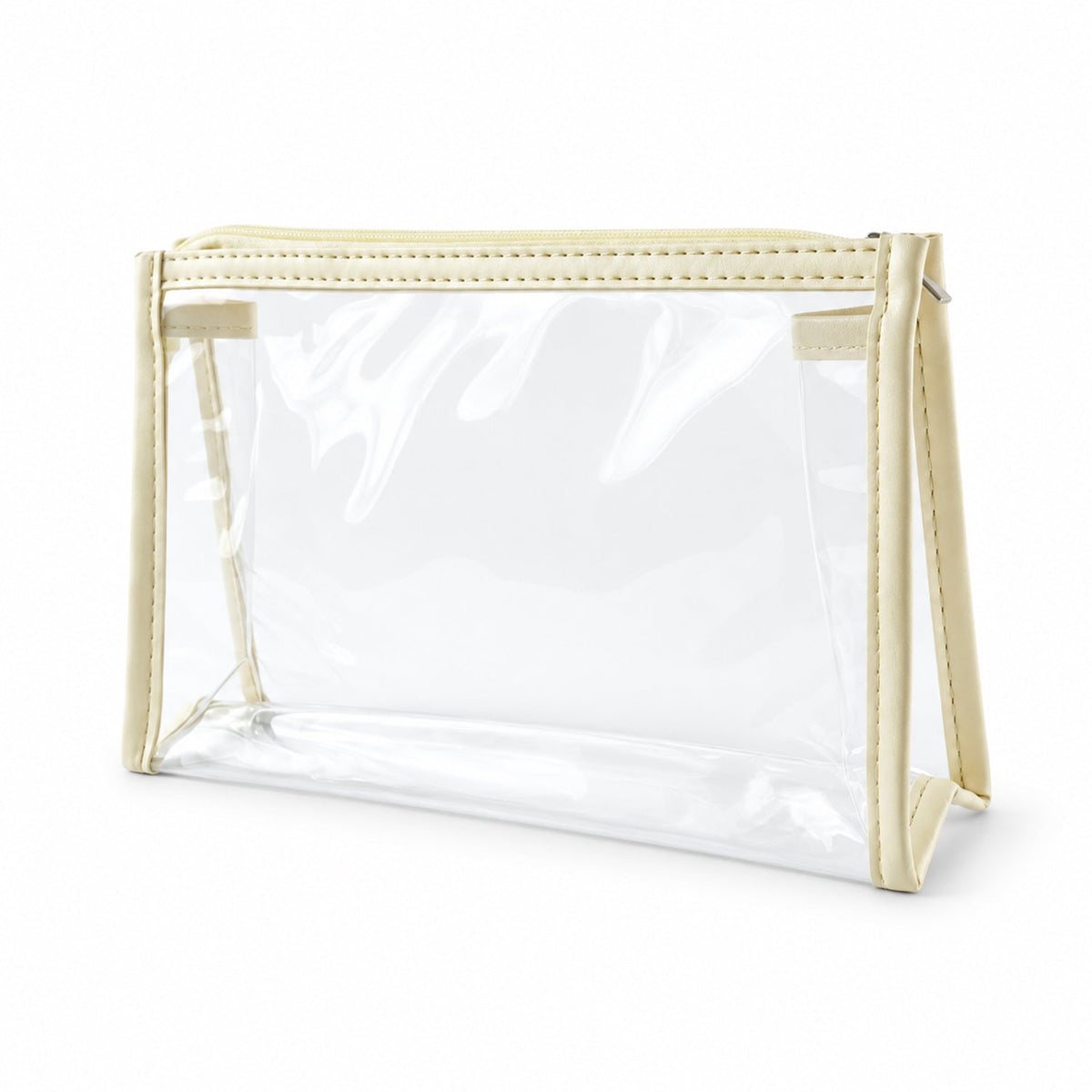 Transparent PVC makeup zipper pouch by Wukusy, 23x14 cm, ideal for travel and toiletry storage with clear visibility.