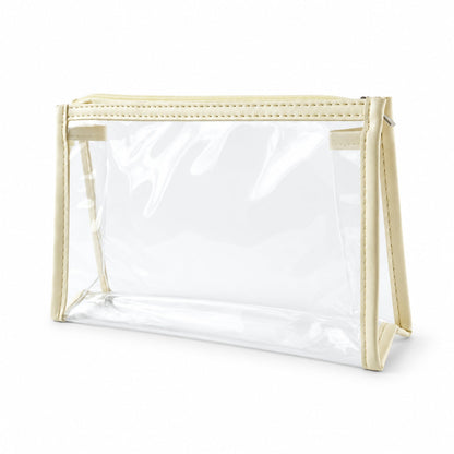 Transparent PVC makeup zipper pouch by Wukusy, 23x14 cm, ideal for travel and toiletry storage with clear visibility.
