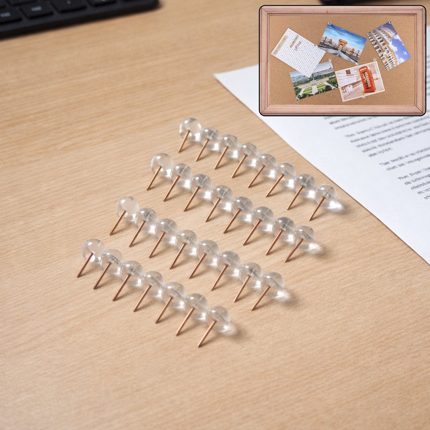 Set of 30 transparent crystal head push pins for notice boards, by Wukusy, with clear, shiny heads and metal pins for secure posting.