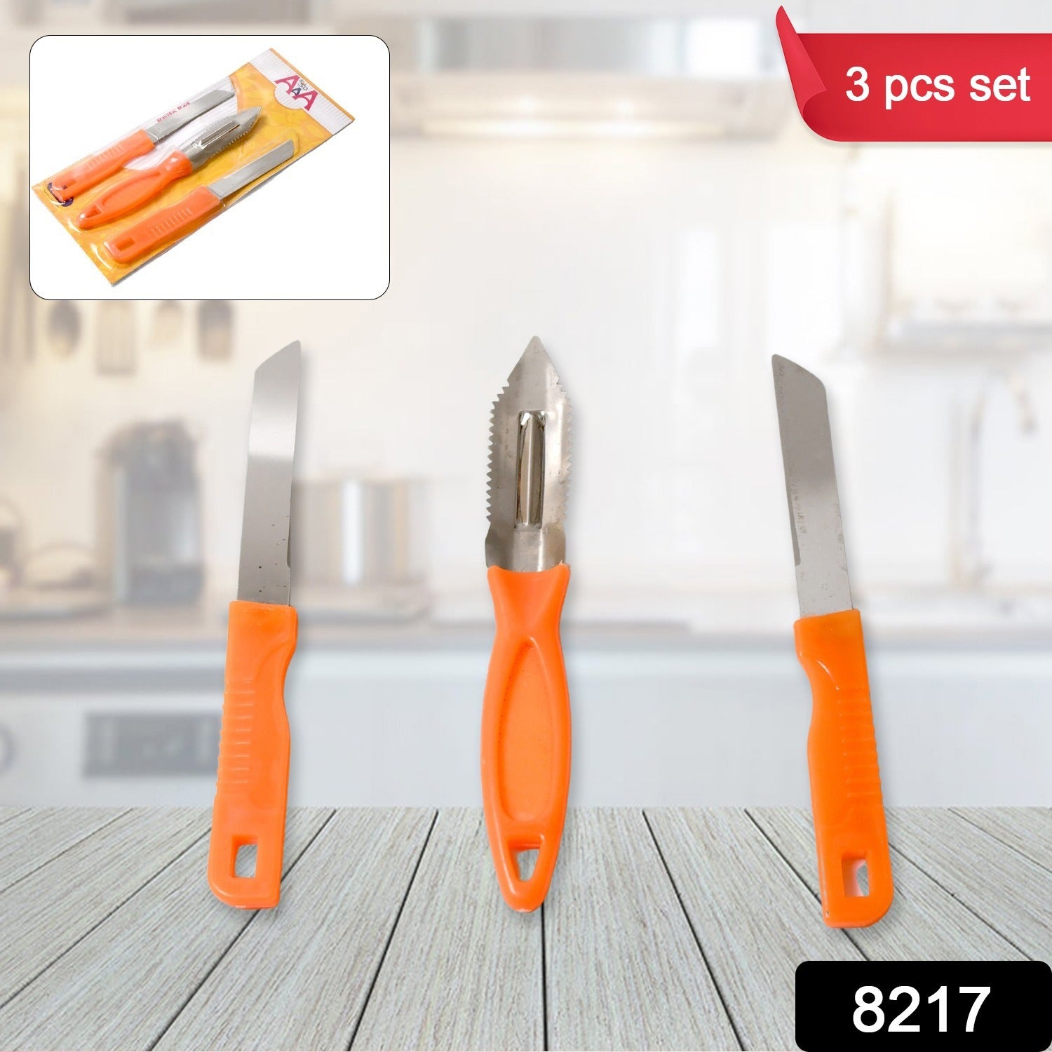 Wukusy 3-in-1 stainless steel kitchen knife set with knives for chopping, peeling, and slicing fruits and vegetables.
