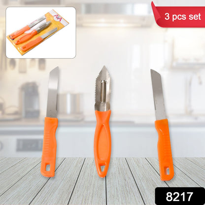 Wukusy 3-in-1 stainless steel kitchen knife set with knives for chopping, peeling, and slicing fruits and vegetables.