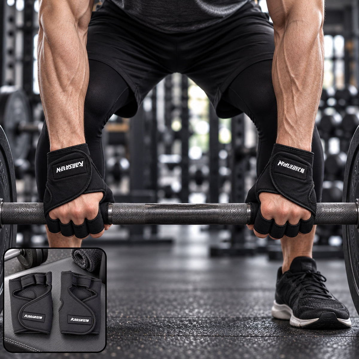 Wukusy half finger gym gloves with padded palms designed for weight lifting and training, shown in a pair on a plain background.