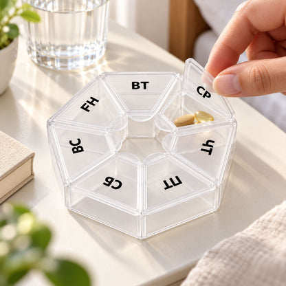 Wukusy medicine pill box with clear flip lids, 7 compartments for weekly travel storage, compact and organized pill organizer.