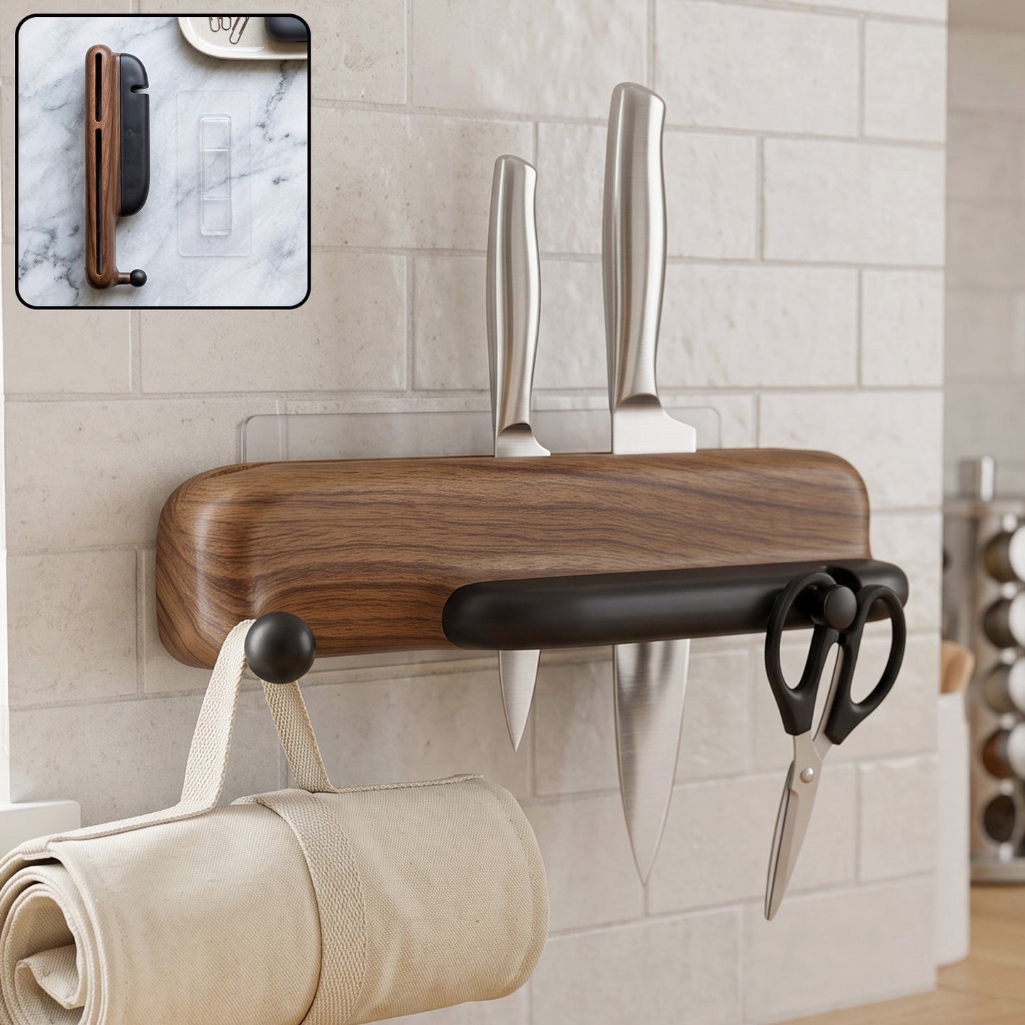Wall Mounted Knife Holder With Hooks And Roll Bag Dispenser For Kitchen Storage