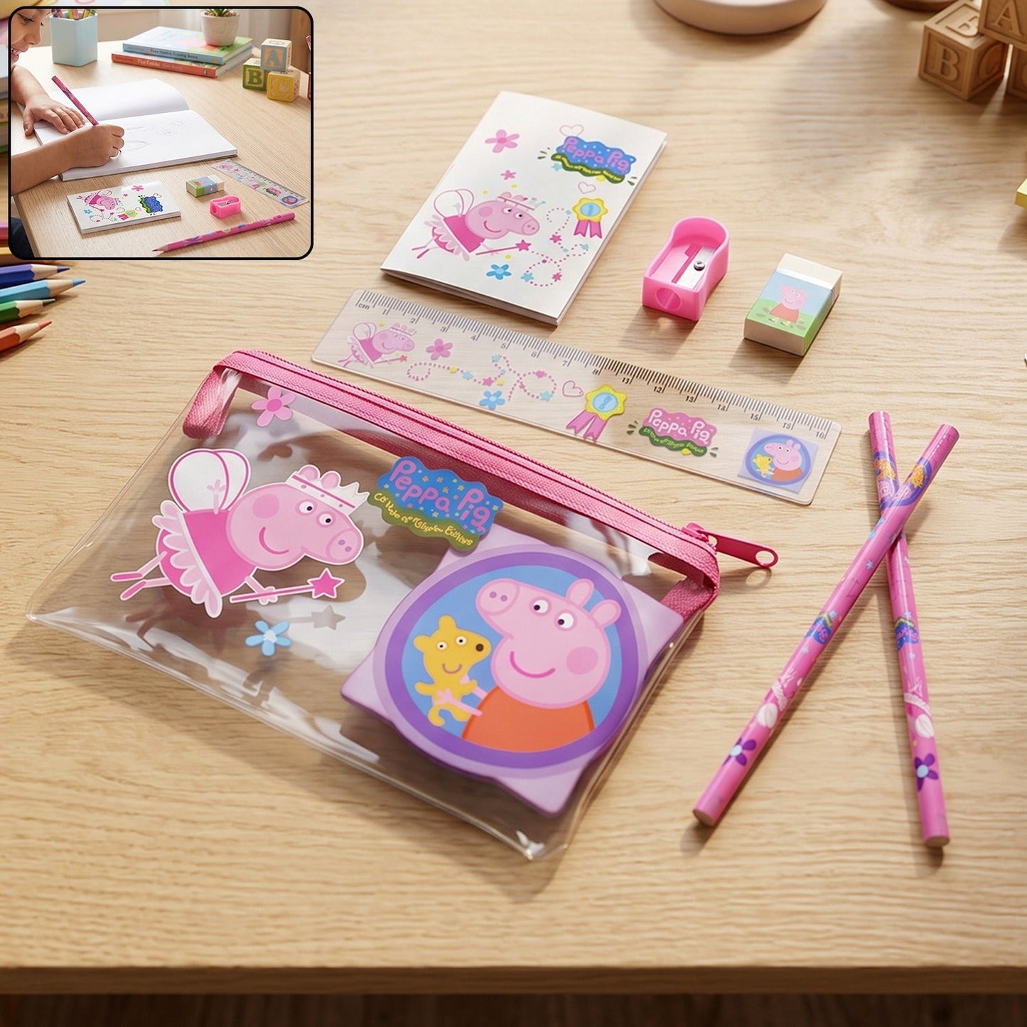 Kids School Stationery Kit With Pencils Eraser Sharpener Ruler Pouch (1 Set)