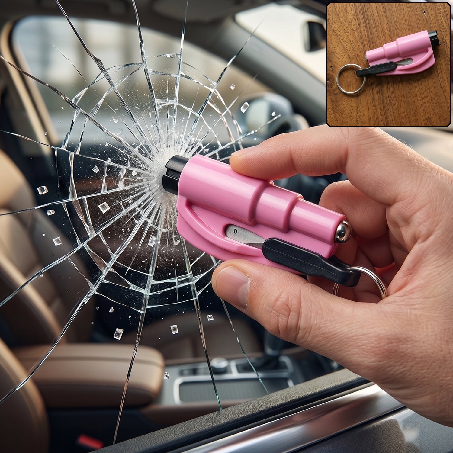 Wukusy keychain car window glass breaker and seat belt cutter tool with metal and plastic components on a keyring.