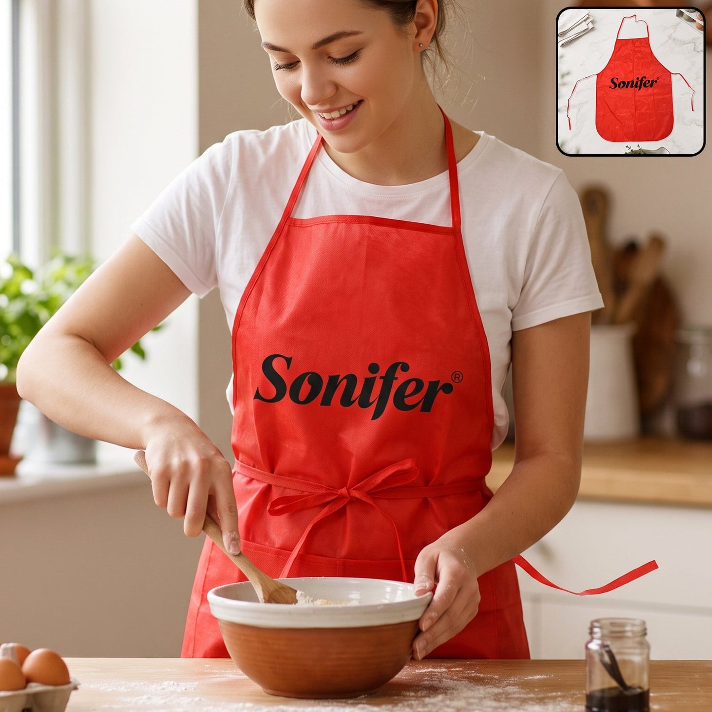 Wukusy reusable cooking apron with front pocket and adjustable neck strap, made of durable fabric, shown on a plain background.