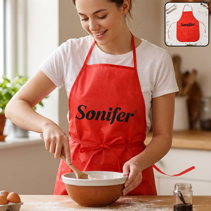 Wukusy reusable cooking apron with front pocket and adjustable neck strap, made of durable fabric, shown on a plain background.