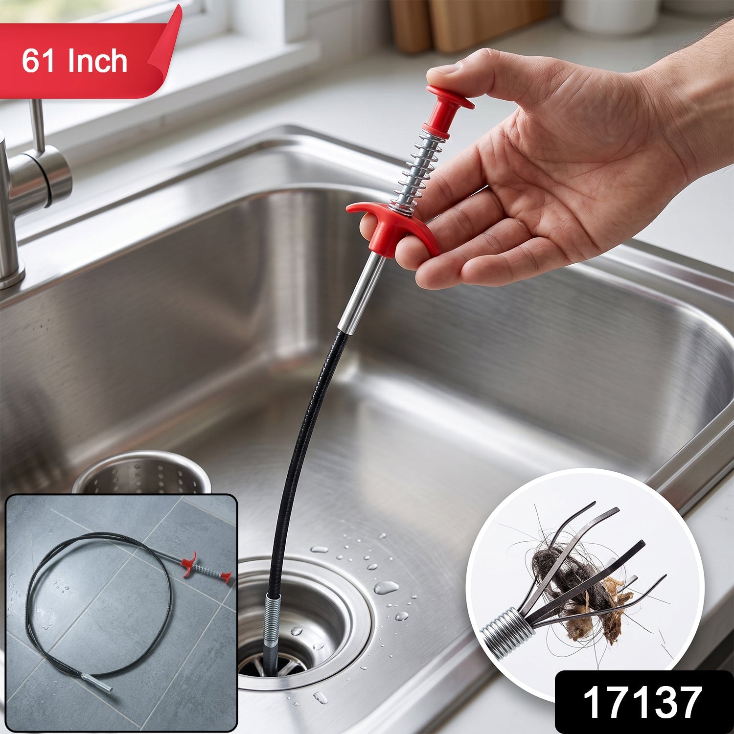 Wukusy premium spring drain dredging tool with 61-inch sink cleaner claw grabber for clearing clogged drains.