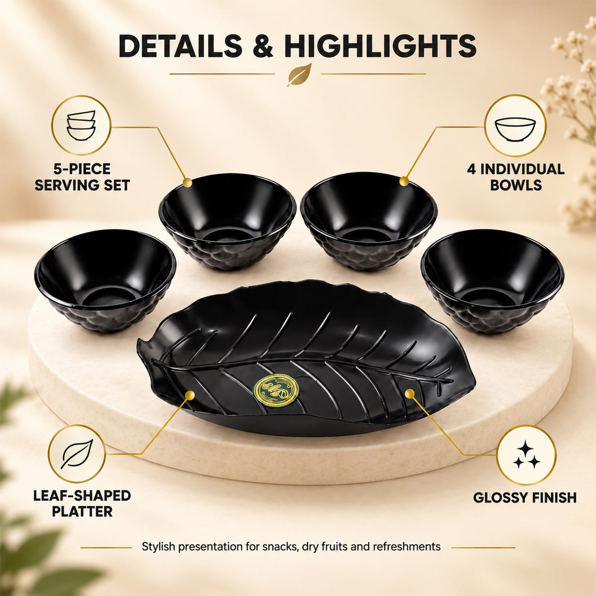 Wukusy 5-piece serving bowl set with leaf-shaped platter for snacks and dry fruits, featuring elegant, leaf-inspired design.