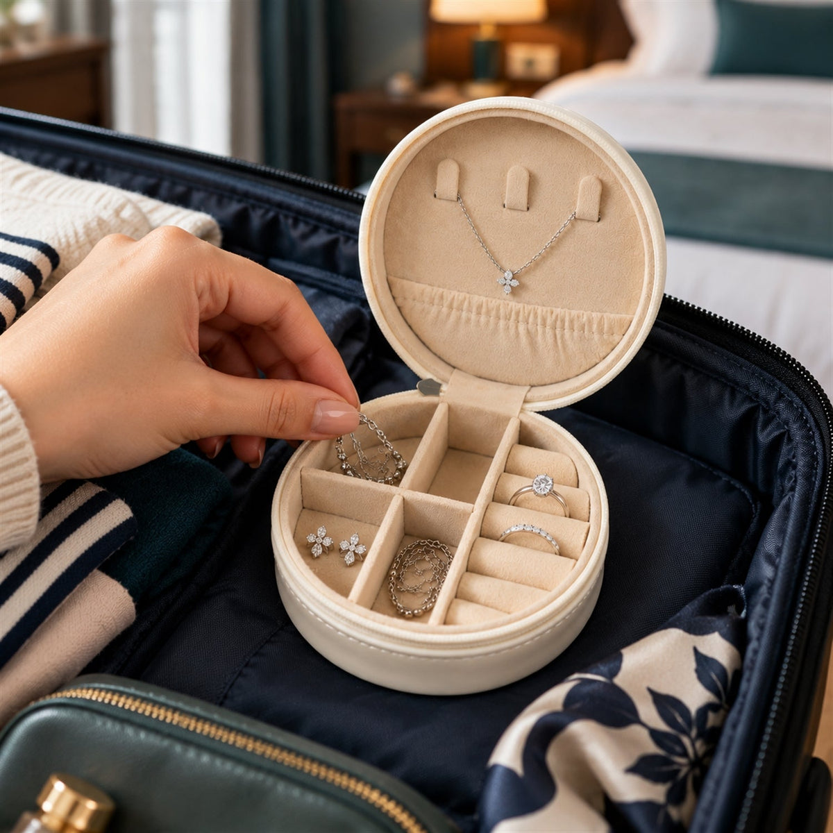 Wukusy round jewelry organizer box with ring rolls and zip closure, suitable for travel and storing rings and small jewelry pieces.