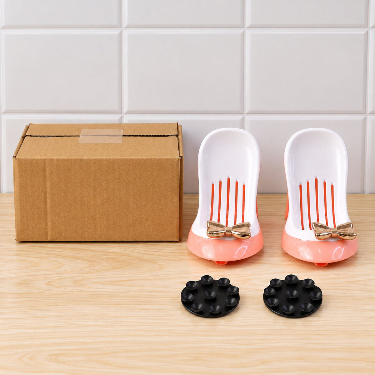 Pair of Wukusy shoe-shaped shower soap holders with drainage and suction mounts, designed to keep soap dry in the bathroom.