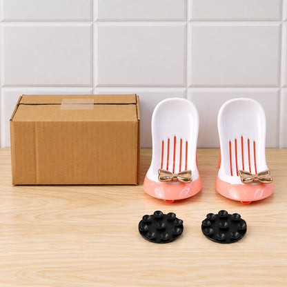 Pair of Wukusy shoe-shaped shower soap holders with drainage and suction mounts, designed to keep soap dry in the bathroom.