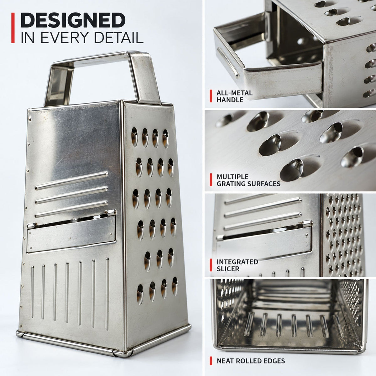 Wukusy 5-in-1 steel box grater and vegetable slicer for cheese shredding and kitchen food prep, with multiple grating and slicing surfaces.