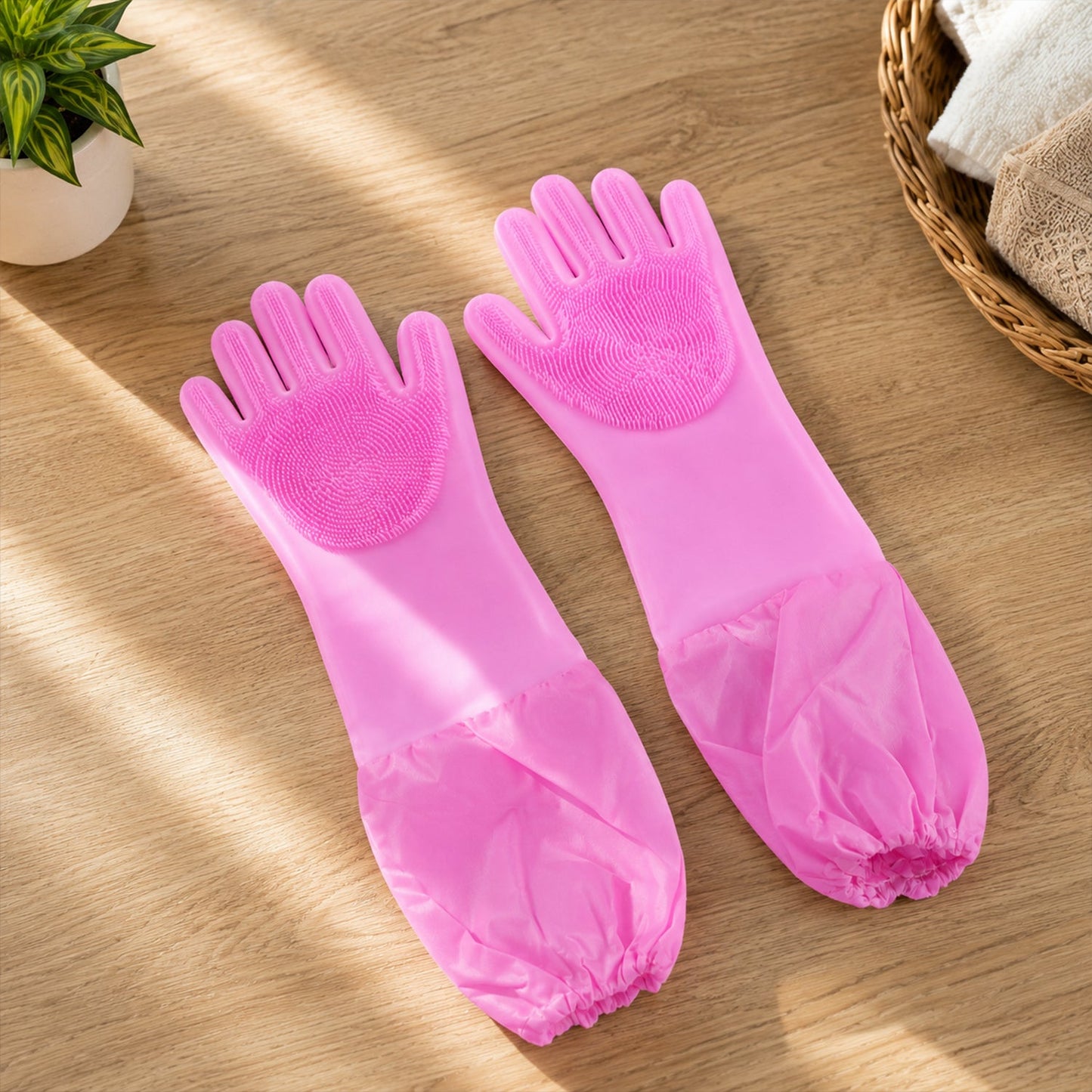 Long Cuff Silicone Scrubber Cleaning Gloves For Kitchen And Home Use (1 Pair Set)