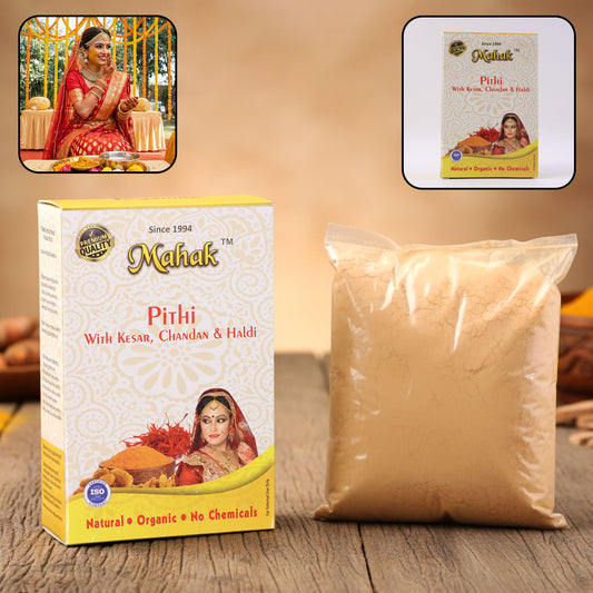 Traditional Wukusy Mahak Pithi for face and body, 100g, powder made from natural ingredients for skin cleansing and brightening.