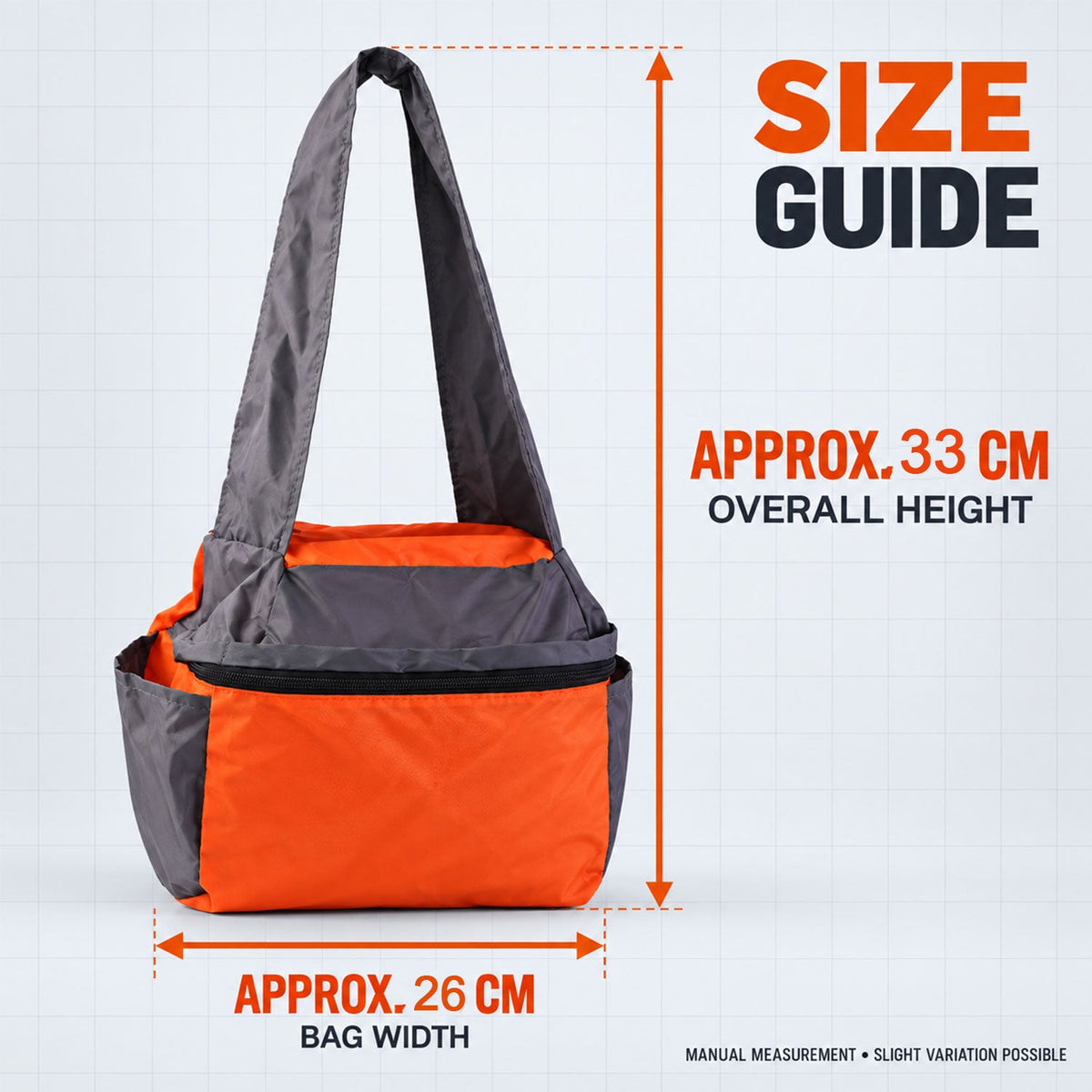 Wukusy travel tote carry bag with double zippers and shoulder straps, measuring 26x33 cm, shown with open zipper and carrying handles.
