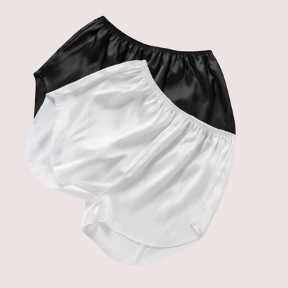Silken Charm Faux French Knickers by Snazzyway, two-piece set in smooth fabric with delicate lace trim, shown on a flat lay.