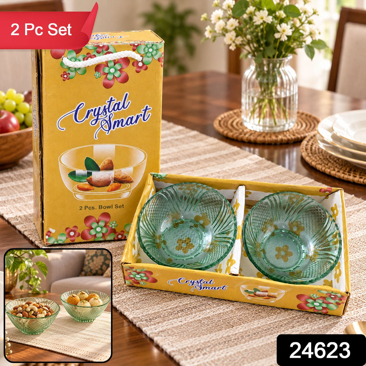 Wukusy textured glass bowl set with two bowls for serving dry fruits, snacks, and desserts, featuring elegant design and clear texture.