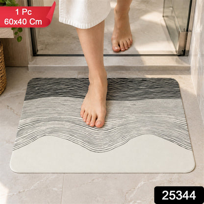 Wukusy absorbent bathroom mat with abstract wave line print, quick-dry design, measuring 60x40 cm, in a modern style.